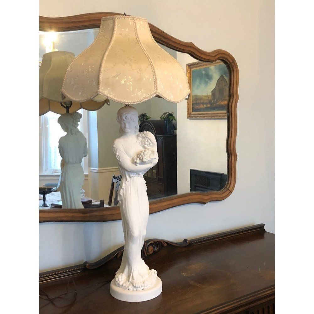 Vintage Lamp Woman's Statue Holding Fruits with Shade 27"